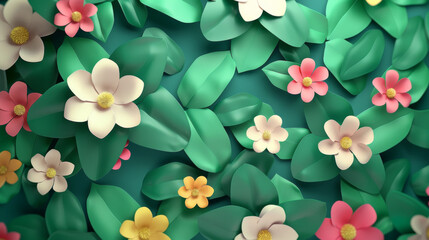 Soft pastel-colored flowers amidst lush green leaves in a calming botanical digital illustration.