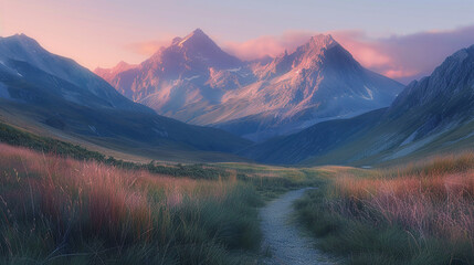 The peaceful solitude of a mountain pass at dawn. 32k, full ultra hd, high resolution - obrazy, fototapety, plakaty