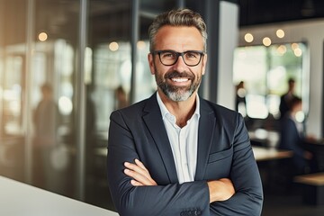 Fototapeta premium Happy middle aged business man ceo standing in office arms crossed