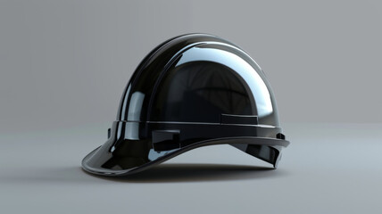A sleek black safety helmet with a modern design, rendered on a gray background, symbolizing professionalism.