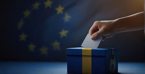 Voting / election concept: hand holding voting card with country national flag, inserting it into white ballot box; clean neutral background — European Union - obrazy, fototapety, plakaty