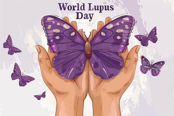 Two hands holding a purple butterfly representing the World Lupus Day..