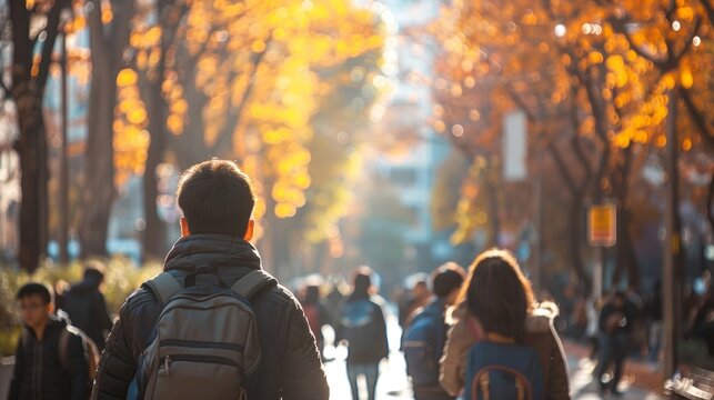 The gentle blur of trees and buildings in the background adds a dreamy quality to the busy scene representing the sleepy yet determined mindset of students starting their day with .
