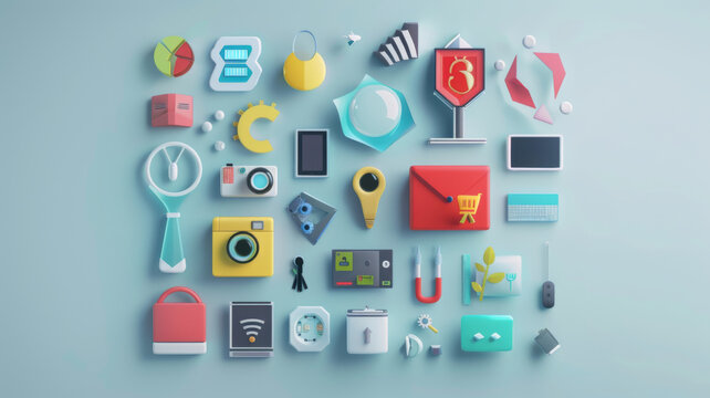 A collection of stylized digital app icons in vibrant colors neatly arranged on a light blue background.