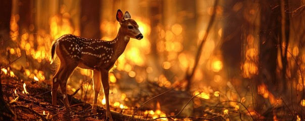 deer standing amidst a golden forest, evoking feelings of urgency and the wild's unpredictability - obrazy, fototapety, plakaty
