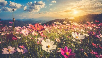 Vintage landscape nature background of beautiful cosmos flower field on sky with sunlight in...