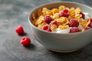 Nutritious morning meal cereal with raspberries in yogurt