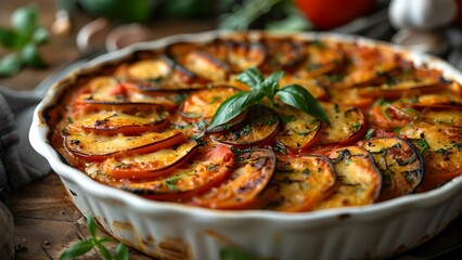 Vegan-Friendly French Ratatouille Casserole Displayed on Wooden Table. Concept Vegan Cooking, French Cuisine, Ratatouille Recipe, Wooden Table Presentation, Healthy Eating