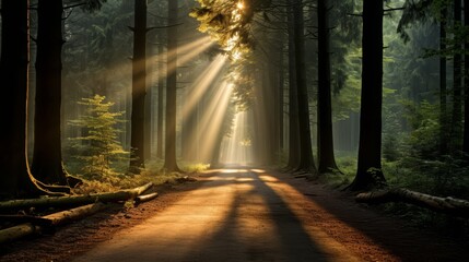 Front view of a forest road covered in morning mist, with rays of sunlight piercing through, a serene journey into nature