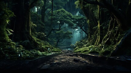 Front view of a roadway as it dips into a valley within a lush forest, offering a glimpse into the heart of an ecosystem