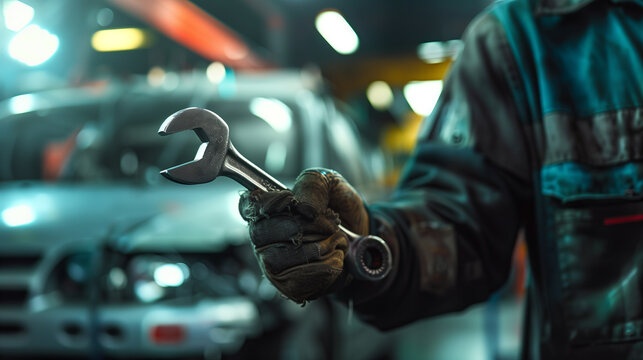 Car mechanic holding wrench tools in hand with car background banner design