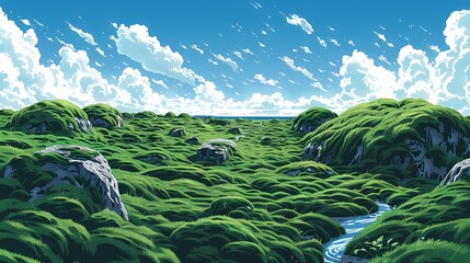 Landscape of green grassy mounds and creek abstract illustration poster background