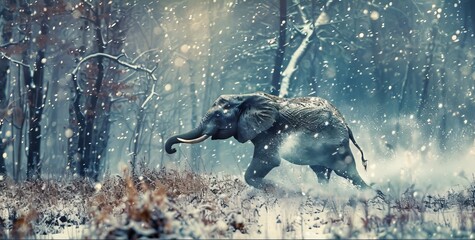 Elephant Running From Forest Snow