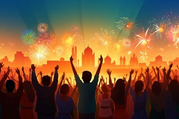 Fototapeta premium Illustration of people celebrating India Independence Day with flags and fireworks 