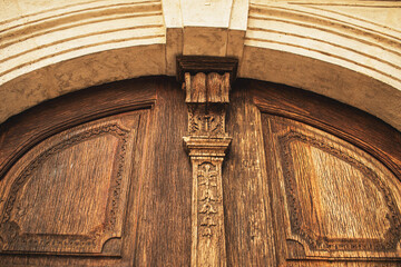 Door of Franciscan Church in Szolnok, Hungary.