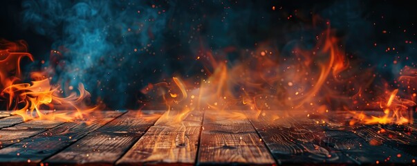 An empty wooden surface stands before an intense, blazing fire with sparks flying, suggesting a sense of anticipation. copy space for text. - obrazy, fototapety, plakaty