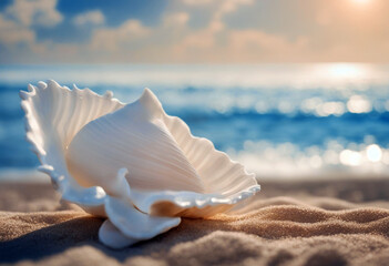 'blue beach created white beautiful podium clear sky seashell poduim generative ai shell sea scallop nature sand summer ocean pearl marin seafood animal isolated mollusc object' - obrazy, fototapety, plakaty