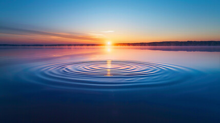 The ripples in a calm lake at dawn, originating from a single point and expanding outward. 32k, full ultra hd, high resolution