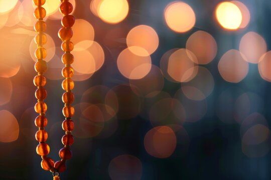 Ramadan Kareem poster with Islamic prayer bead background for Muslim festival celebration