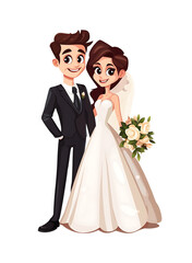 Cartoon bride and groom smiling in wedding attire, with bouquet, vector clipart. Generative AI