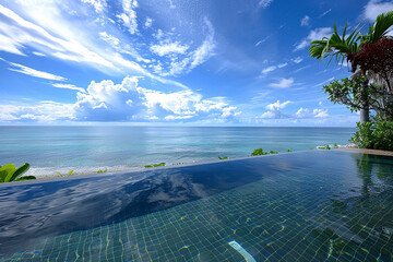 The serene beauty of a saltwater infinity pool blending into the ocean beyond and the beauty of the sea. 32k, full ultra HD, high resolution