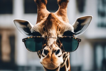 'fashion hipster sunglasses portrait giraffe funny goggles funky modern shades stylish trendy unusual vogue absurd african animal chic cool crazy cute eyeglass fashionable foolish fun goofy groovy' - obrazy, fototapety, plakaty