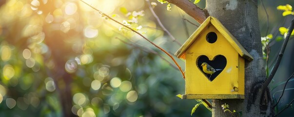 A cozy yellow birdhouse with a little bird perched inside, surrounded by vibrant flowers and a warm, bokeh background.