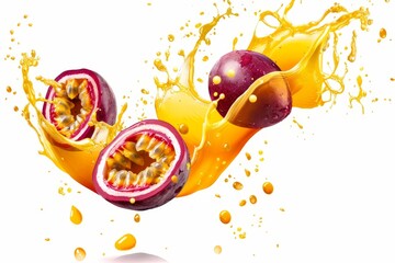 Red passion fruit and juice flying isolated on white background - obrazy, fototapety, plakaty