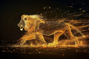 A lion is walking through a field of gold dust