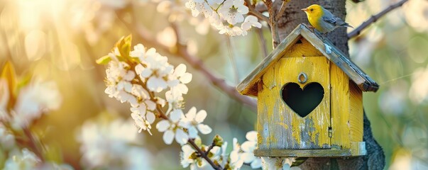 A cozy yellow birdhouse with a little bird perched inside, surrounded by vibrant flowers and a warm, bokeh background.