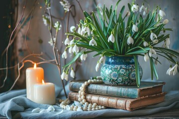Religious Easter display with snowdrop bouquet palm fronds rosary books candles Symbol of faith - obrazy, fototapety, plakaty