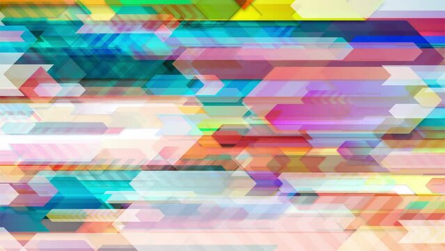 Geometric background loop. Colorful lines, chevrons, arrows in horizontal motion.