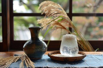 Rice wine and rice ear on table - obrazy, fototapety, plakaty