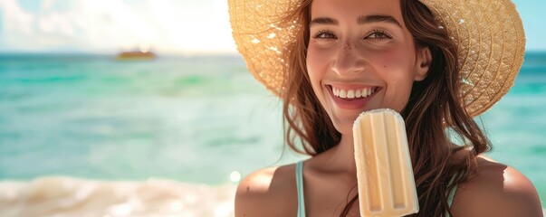 Joyful young woman wearing a hat enjoying an ice cream cone at the beach against a beautiful blue sky