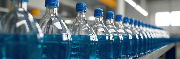 Closeup on mineral water bottles in raw and lines - obrazy, fototapety, plakaty