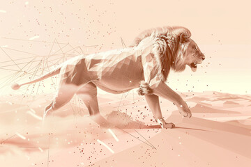 A lion is running through the desert with a lot of dust flying