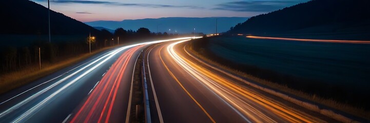 Moving car lights on highway at night long - obrazy, fototapety, plakaty