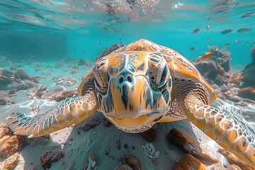 A close encounter with a marine turtle while diving, a shared moment in the silence of the underwater world
