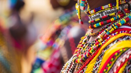 Faint outlines of colorful beaded jewelry and traditional clothing adorning blurred figures in the background giving a glimpse into the vibrant and diverse world of tribal fashion. . - obrazy, fototapety, plakaty