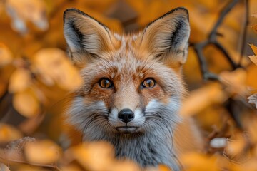 A curious fox peering out from behind autumn leaves, captured in a moment of serene beauty