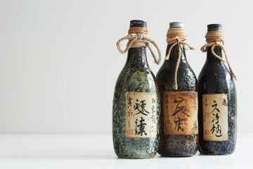 Sake bottles against white background