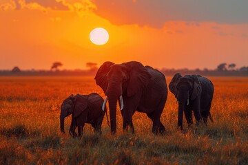 A family of elephants trekking across the savannah at sunset, a testament to the wilds enduring spirit