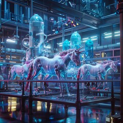 Capture the essence of magic and science colliding in a mesmerizing digital 3D rendering of a futuristic laboratory overrun by unicorns