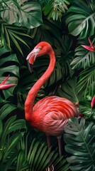 Fototapeta premium Flamingo and tropical leaves frame, vibrant sale banner with text overlay