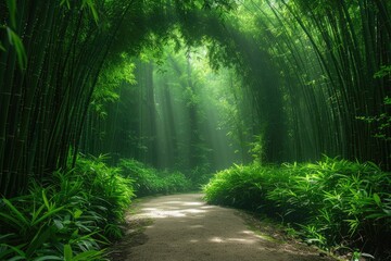 A narrow path leading through a bamboo forest, sunlight filtering through the dense canopy