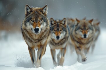 Obraz premium A pack of wolves moving silently through a snow-covered forest, the essence of wild survival captured
