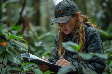 A researcher documenting plant species in a biodiversity hotspot, the pursuit of knowledge in the heart of nature