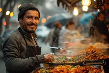 A street food vendor preparing local delicacies, the smells and flavors enticing passersby