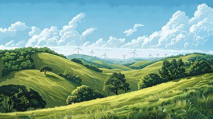 rural wind turbine farm in green rolling hills illustration poster background - obrazy, fototapety, plakaty