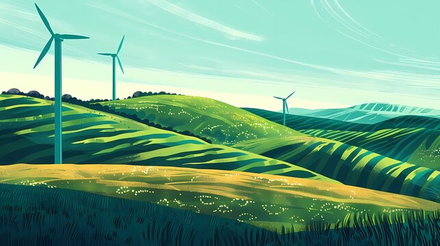 rural wind turbine farm in green rolling hills illustration poster background
